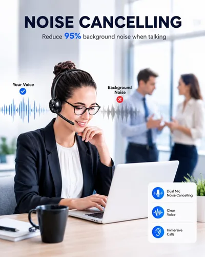 Vista 4 de TECKNET - Auriculares Bluetooth, auriculares inalámbricos con micrófono de cancelación de ruido para camionero, auriculares Bluetooth sobre la oreja