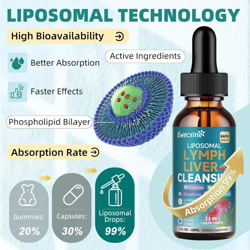 Vista 6 de Gotas de drenaje linfático liposomal y limpieza del hígado, 23 en 1 con equinácea, NAC, TUDCA, L-glutatión, bardana para linfa, desintoxicación
