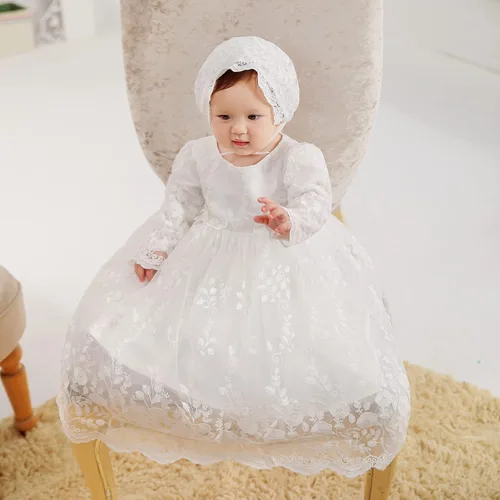 Vista 2 de Vestido de bautismo para niña, 3 piezas, bordado, formal, para fiesta, boda