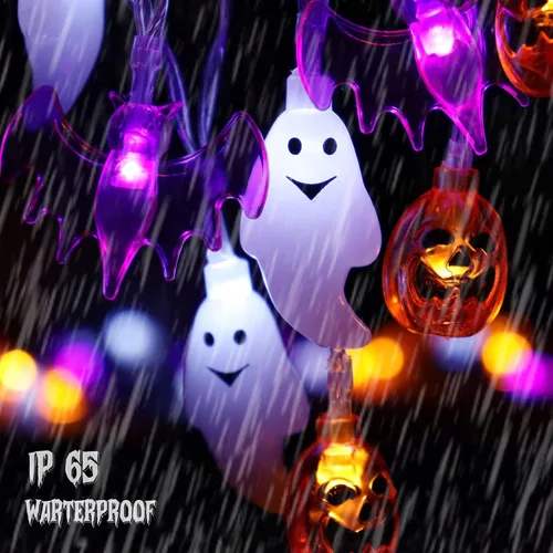 Vista 2 de Zimati Luces decorativas de Halloween, 16 pies, 30 LED, impermeables, 3D, calabaza, murciélago, fantasma, funciona con pilas, con temporizador, 8