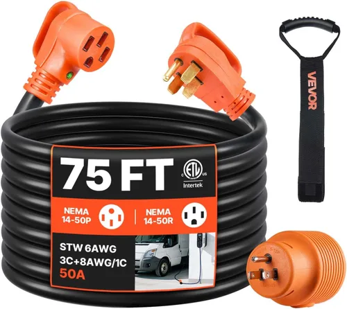 Vista 19 de VEVOR Cable de extensión de 50 amperios para RV, de 15 pies, cable de alimentación para RV resistente STW de calibre 6/3+8/1, enchufe macho NEMA