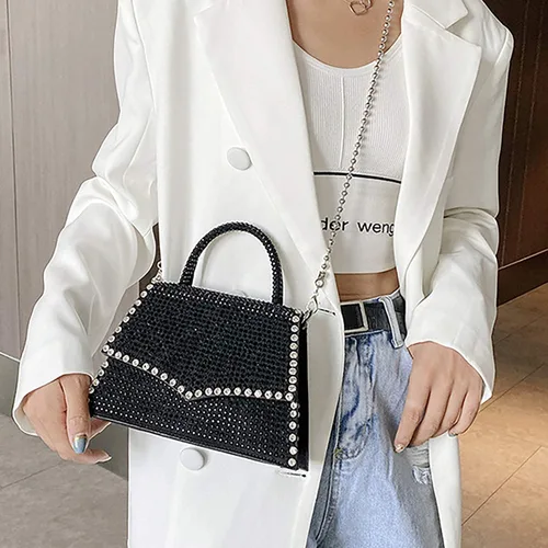Vista 8 de Bolso de noche cruzado con diamantes de imitación con purpurina Bolso de mano de cristal de moda con asa superior para cóctel, fiesta, club, bolso