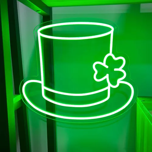 Vista 7 de Letrero LED de trébol de neón con diseño de trébol de San Patricio, color verde claro, sombrero de la suerte, trébol, para decoración de pared