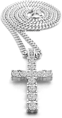 Vista 2 de Shiny Jewelers USA Collar de cadena cubana con colgante de plata egipcia con micro cruz y hip hop para hombre