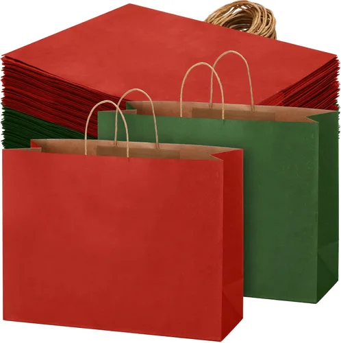 Vista 8 de Tenceur 100 bolsas de regalo de Navidad rojas y verdes, bolsas de papel kraft con asas, regalo de vacaciones para boda, baby shower, despedida