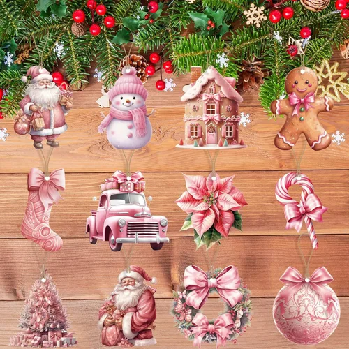 Vista 5 de 24 piezas de adornos vintage rosados de Navidad en madera para árbol colgante, adornos de árbol de Navidad en madera con muñeco de nieve rosado