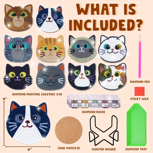 Vista 2 de Insnug Juego de 10 posavasos de pintura de diamantes, con temática de gato, kits de pintura para niños y adultos, puntos, artes y manualidades, kits