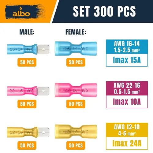 Vista 2 de Kit de 300 conectores de pala termorretráctiles macho y hembra – Terminales eléctricos impermeables AWG 22-10, conectores de terminales de cable