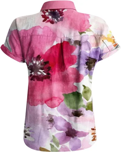 Vista 6 de Camisa de manga corta con cuello abierto para mujer, con múltiples botones, blusa casual de lino y algodón para verano