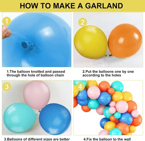 Vista 3 de Kit de arco de globos, 87 piezas de guirnalda de globos arcoíris, arco de globos, globo de látex arco iris en azul, rosa, amarillo, naranja