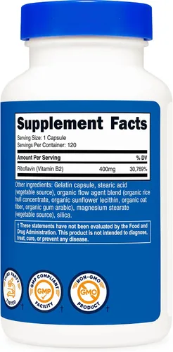 Vista 5 de Vitamina B2 Nutricost (riboflavina) 0.014 onzas, 120 cápsulas, 1 botella, 1 Sin OGM