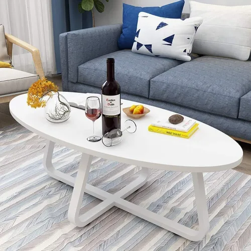 Vista 2 de Mesa de Centro - Mesa de centro moderna ovalada de madera de fibropanel de densidad media, mesa de té pequeña con patas de metal, mesa auxiliar