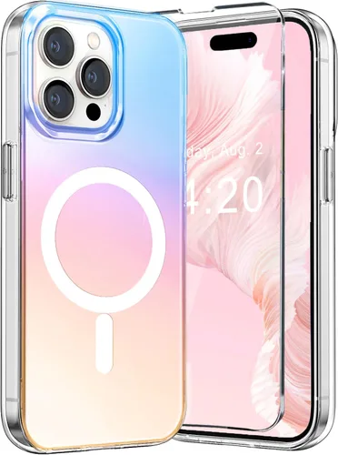 Vista 16 de Funda MagSafe para iPhone 15 Pro para mujeres y niñas, funda magnética iridiscente con purpurina iridiscente de ópalo perlado