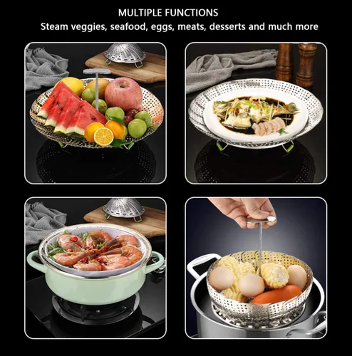 Vista 4 de Cesta de vapor, cesta de vapor vegetariana para cocinar de acero inoxidable plegable para verduras con mango central extraíble extensible extensible