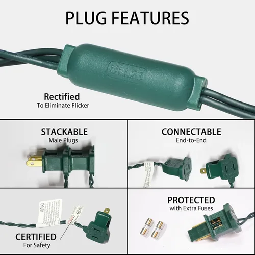 Vista 4 de Luces LED de Navidad Verdes de 25 pies 50 Unidades - Grado Comercial para Exteriores Impermeables, Cable Verde de Ángulo Amplio, Luces para Árbol