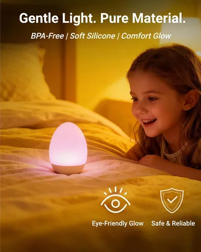 Vista 3 de Luz nocturna de huevo para bebé para guardería y lactancia – Luz táctil portátil con 7 colores RGB, atenuación continua, recargable, silicona suave