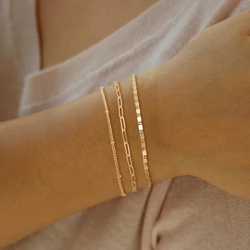 Vista 2 de MBW Pulseras de oro para mujer, juego de joyas chapadas en oro real de 14 quilates para mujer, a la moda, impermeables, apilables, delgadas