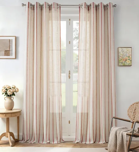 Vista 72 de DriftAway Cortinas de estilo granja con rayas verticales de lino mezclado texturizado con filtro de luz semitransparente para sala de estar