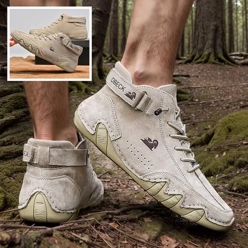 Vista 5 de JishinGal Botines Chukka casuales de gamuza con cordones para hombre, botas altas hechas a mano, zapatos deportivos para caminar al aire libre, sin