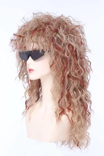 Vista 3 de Roleplar Peluca rizada rubia de los años 80 para hombre, peluca de salmonete, mezcla dorada y marrón, disfraz de rockero para fiesta de disfraces