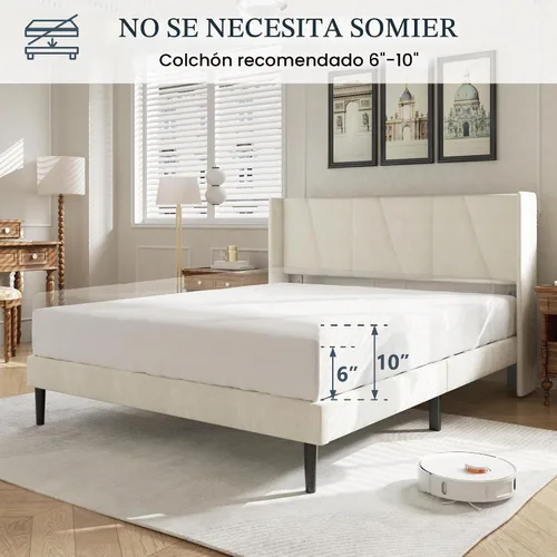 Vista 6 de HAOARA Base de cama tamaño matrimonial con cabecero, bases de cama tapizadas con plataforma de terciopelo, base de colchón contemporánea, Beige