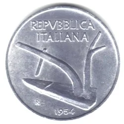 Vista 2 de 1954-R Italia Moneda de 10 Liras KM#93