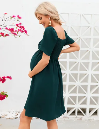 Vista 2 de KOJOOIN Vestido de maternidad de verano para mujer, lazo en la espalda, cuello cuadrado, manga abombada, hombros descubiertos, vestido de baby shower