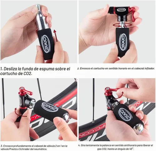 Vista 7 de Kit de inflador de CO2 con 6 cartuchos de CO2 de 0.56 oz/0.88 oz - Compatible con válvulas Presta y Schrader - Bomba de bicicleta de CO2 para 4 x