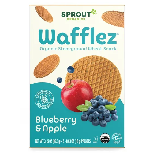 Vista 2 de Sprout Alimento orgánico para bebés, aperitivos para niños pequeños etapa 4, gofres de manzana y arándanos, gofres de una sola porción, 5