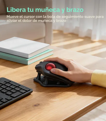 Vista 4 de Nulea M511 Ratón inalámbrico Trackball recargable, ratón ergonómico con control de pulgar y soporte inclinable, seguimiento suave y preciso A-Rojo