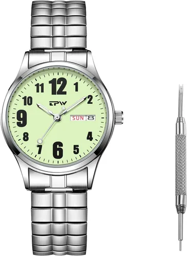 Vista 8 de JewelryWe Reloj de lectura fácil ultrafino para mujer con correa elástica de tono dorado/plateado