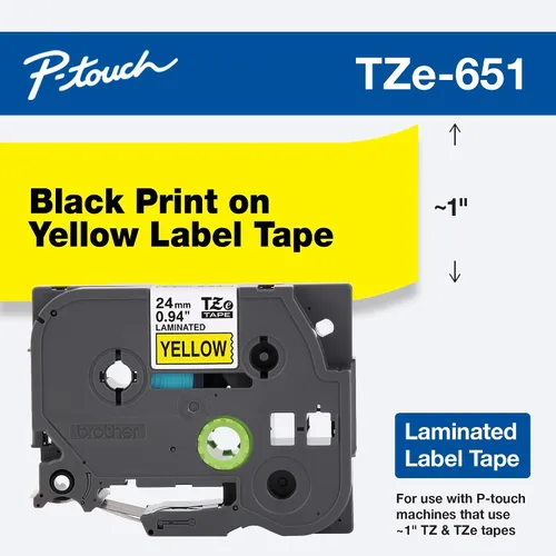 Vista 36 de Brother - Cinta laminada Negro sobre Amarillo, 24 mm Empaquetado al menudeo, Negro sobre blanco