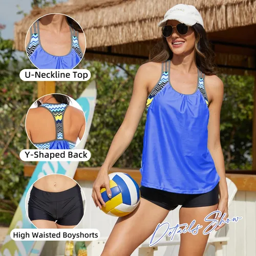 Vista 2 de Zando Trajes de baño tankini para mujer, trajes de baño deportivos para mujer, traje de baño deportivo de dos piezas para mujer, parte superior