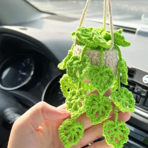 Vista 8 de Accesorios de coche de ganchillo,Lindas plantas en maceta Crochet Car Mirror Hanging Accesorios,Accesorios de espejo retrovisor de punto hecho a