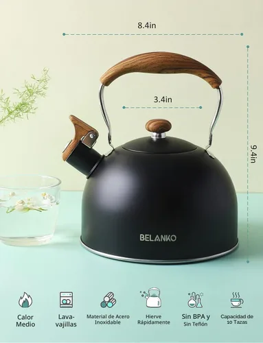 Vista 5 de Hervidor de Té, BELANKO 85 OZ / 2.5 Litros Hervidor de Té Silbante, Teteras para Estufa de Acero Inoxidable Grado Alimentario con Mango Plegable