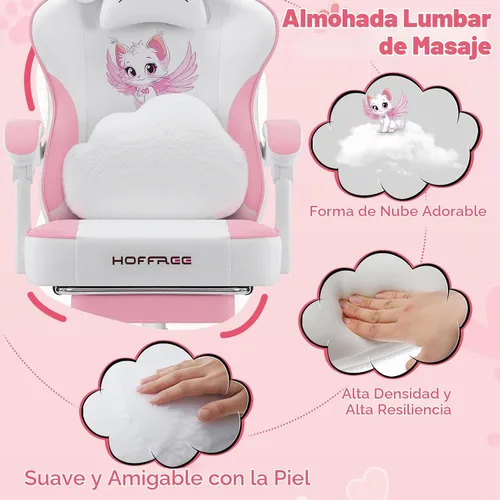 Vista 5 de HOFFREE Silla Rosa para Juegos con Orejas de Gato y Almohada Lumbar de Masaje en Forma de Nube, Silla Ergonómica Linda para Computadora para Niñas