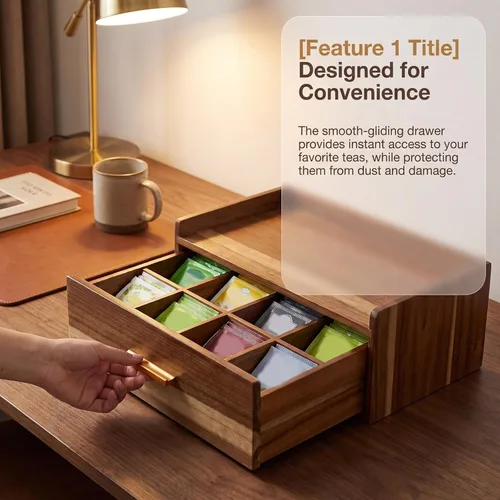 Vista 3 de Caja de té de madera de acacia con 8 compartimentos y cajón