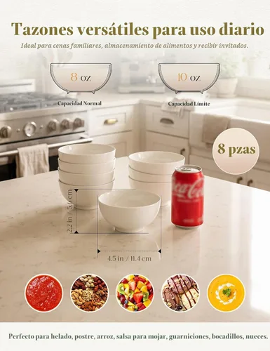 Vista 3 de AISBUGUR - Juego de 8 cuencos de postre, cuencos pequeños de cerámica de 10 oz para la cocina, cuencos blancos de 4.5" para helado aptos