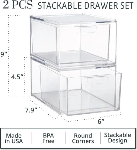 Vista 3 de STORi Audrey - Cajones organizadores apilables de plástico transparente Juego de 2 piezas Organiza cosméticos y suministros de belleza en un