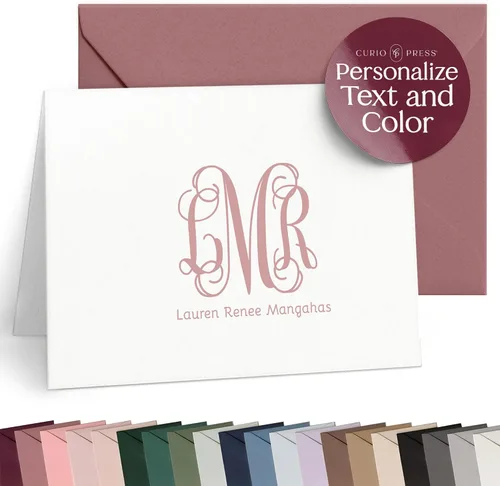 Vista 10 de Papelería personalizada para mujeres y hombres, tarjeta plegada con bordes delgados con tarjetas de notas personalizadas, iniciales de papelería