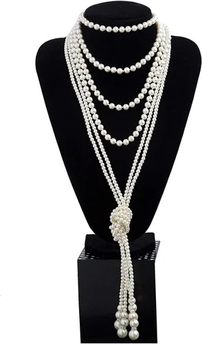 Vista 9 de Perlas Gatsby de moda para mujer, perlas largas, collar de disfraz vintage de los años 20, collar de joyería sintética