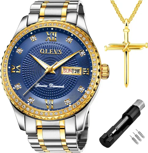 Vista 55 de OLEVS - Relojes de diamantes para hombres, relojes de vestir a prueba de agua, relojes analógicos de cuarzo de lujo con calendario de fecha y correa