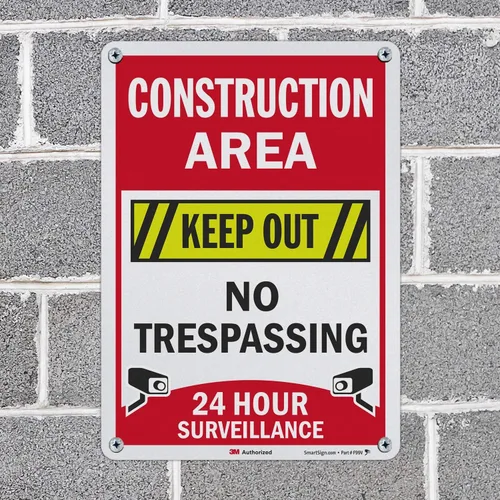 Vista 4 de SmartSign Letrero de "Área de construcción: Keep Out, No Trespassing, 24 Hour Surveillance" Aluminio reflectante de grado de ingeniero 3M de 10 x