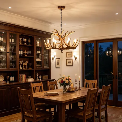 Vista 4 de Candelabro de cornamenta de 6 luces, estilo rústico, base E12, cornamenta de ciervo, iluminación para el hogar, tienda y bar