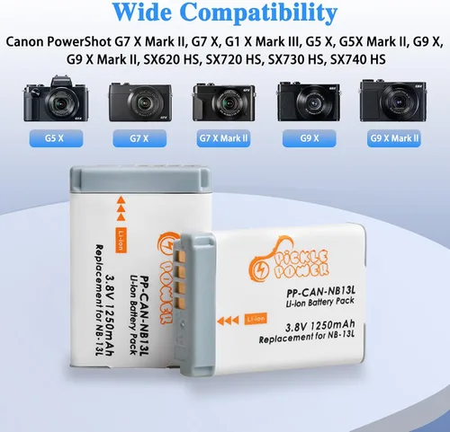 Vista 2 de Pickle Power Paquete de 2 baterías NB-13L y cargador dual LED para Canon PowerShot SX740 HS, G7 X Mark II, G7 X, G1 X Mark III, G5 X, G9 X, G9 X
