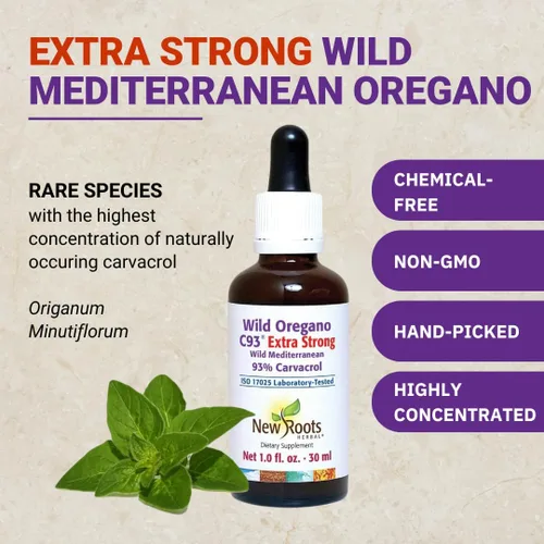 Vista 3 de NEW ROOTS HERBAL Gotas de aceite de orégano silvestre Extra fuerte con 93% de carvacrol (1 onza líquida) 547 porciones, aceite de concentración