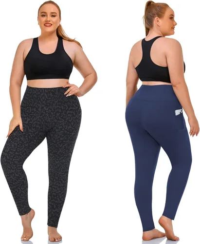 Vista 2 de NEW YOUNG Paquete de 3 leggings de talla grande con bolsillos para mujer, cintura alta, control de abdomen, pantalones de yoga para entrenamiento