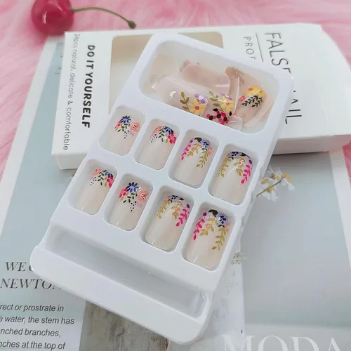 Vista 3 de 24 uñas postizas cuadradas a presión, cortas, bonitas, florales, acrílicas, con diseños de flores de arcoíris, uñas reutilizables con pegamento