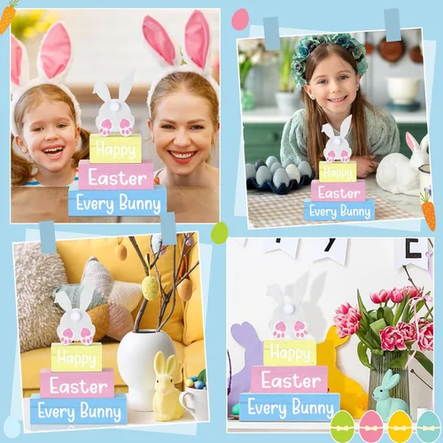 Vista 6 de 4 piezas de decoración de mesa de Pascua con texto en inglés «Happy Easter Every Bunny», letrero de madera de conejito pastel, bloques de madera