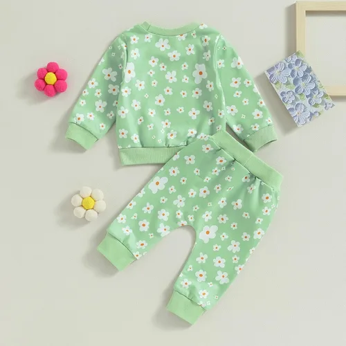 Vista 6 de MAYUMMPY Conjunto de 2 piezas de sudadera con cuello redondo floral y pantalones para bebé niña